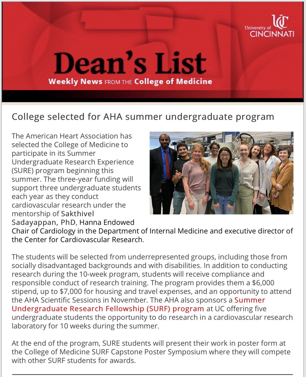 UC College of Medicine has been selected to participate in the AHA Summer Undergraduate Research Experience (SURE) program from 2024 to 2026.