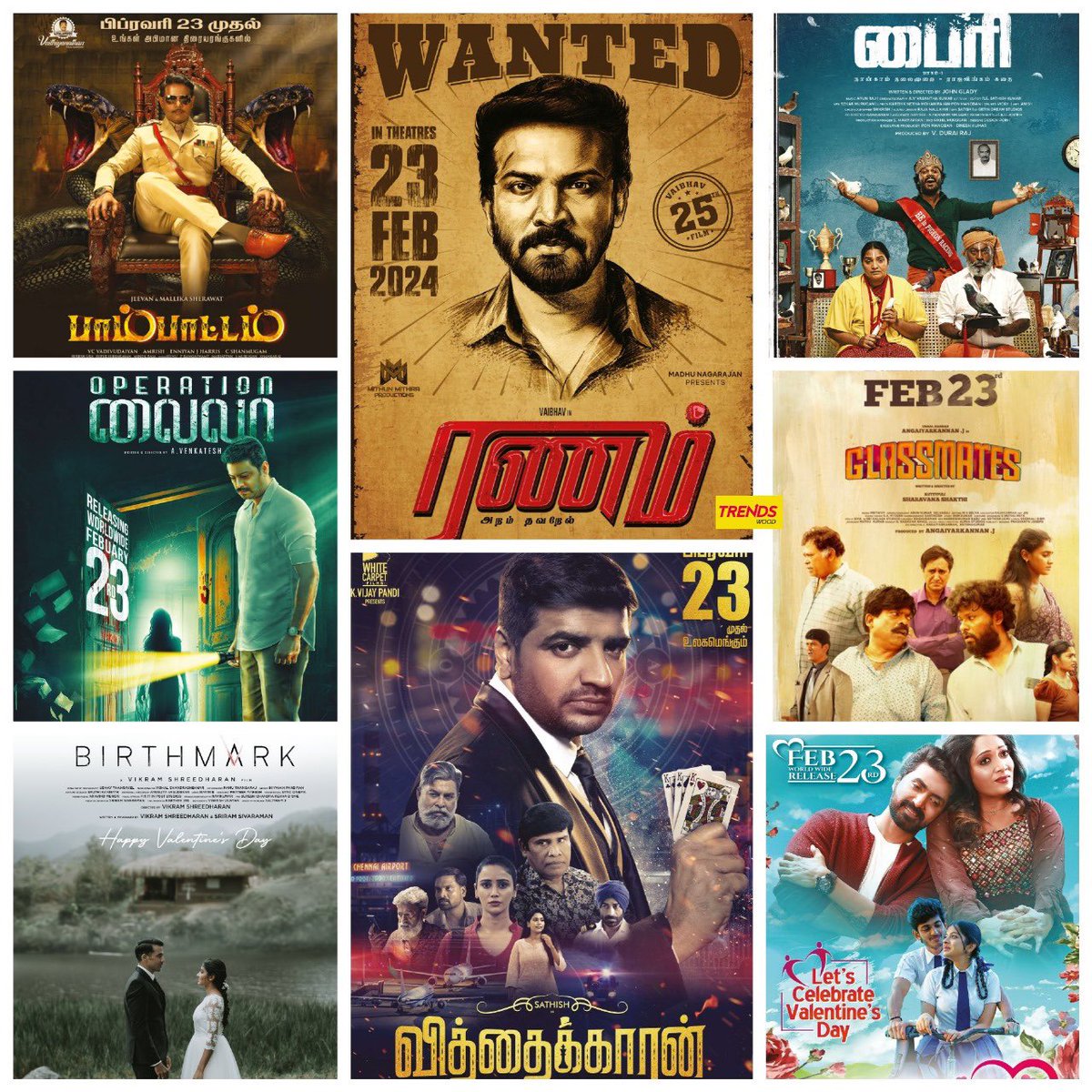 Tons of Tamil Films Releasing this Week - Feb 23.

#Byri - Newbies
#Ranam - Vaibhav
#Vithaikkaaran - Sathish
#Pambattam - Jeevan
#Birthmark - Mirnaa
#Glassmates - Mayilsamy
#OperationLaila - Srikanth
#NinaivellamNeeyada - Prajin