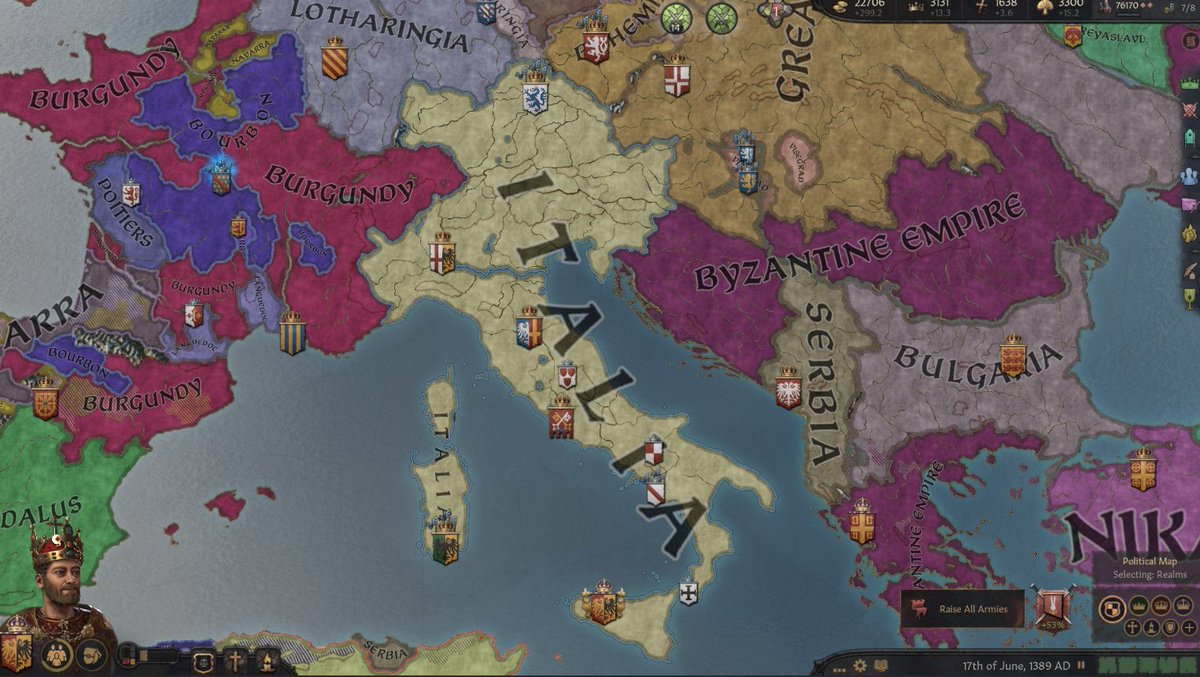 tabbyIynx's tweet photo. What an epic game. From king of Sicily to the emperor of Italia. My dynasty expanded and a cousin-house managed to rule Francia, which eventually fell apart. But the Empire of Italia weathered centuries of storms. https://t.co/hXtWbWJfu3