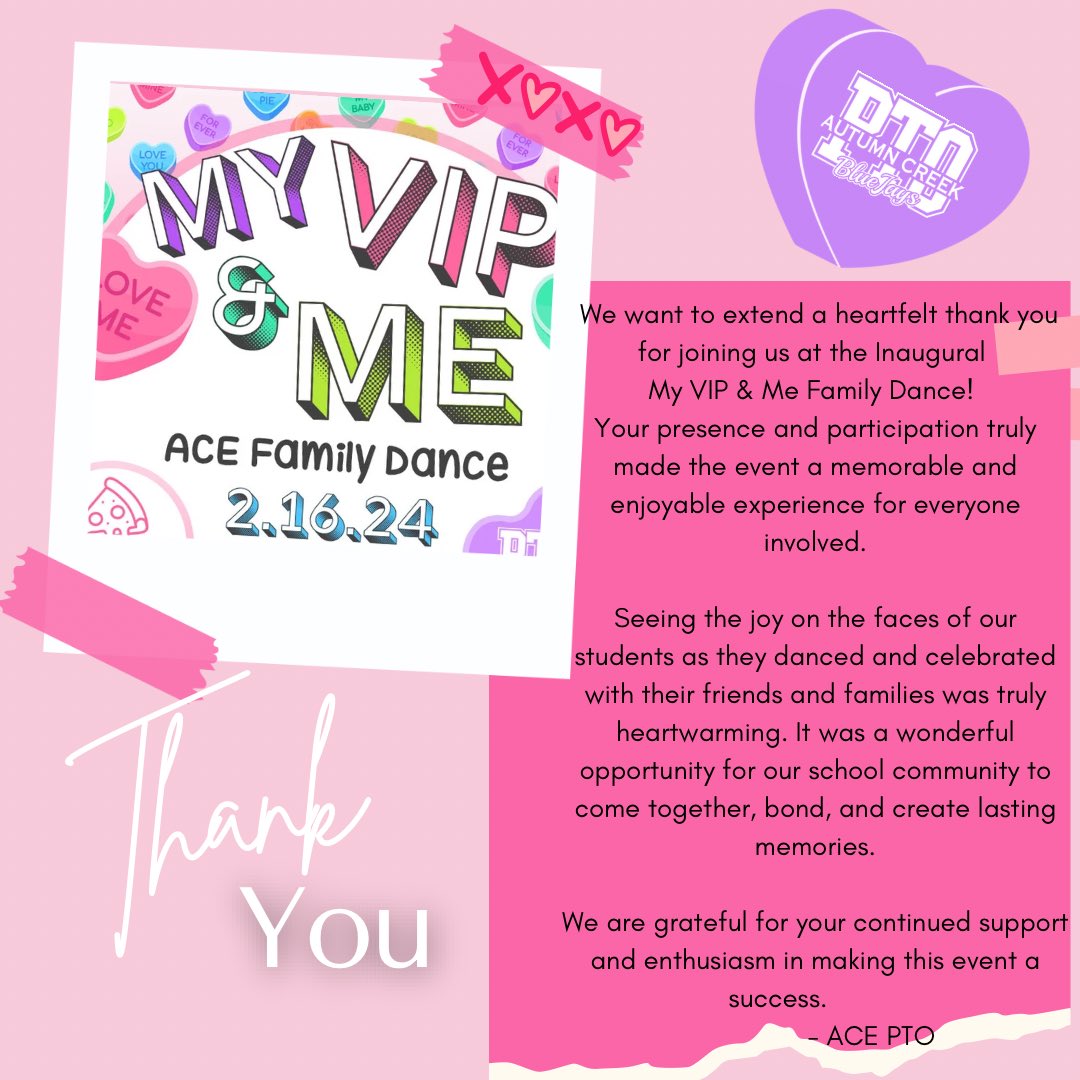 ace_pto's tweet photo. 💗💜💙💛 Thank you to our amazing ACE families, teachers and staff for being a part of our Inaugural "My VIP &amp; Me" Family Dance! 

What an amazing turnout and fun time! @HumbleISD_ACE 

#ACEBlueJays💙🧡 #MyVIP&amp;Me #FamilyDance https://t.co/ncwemUj0fS