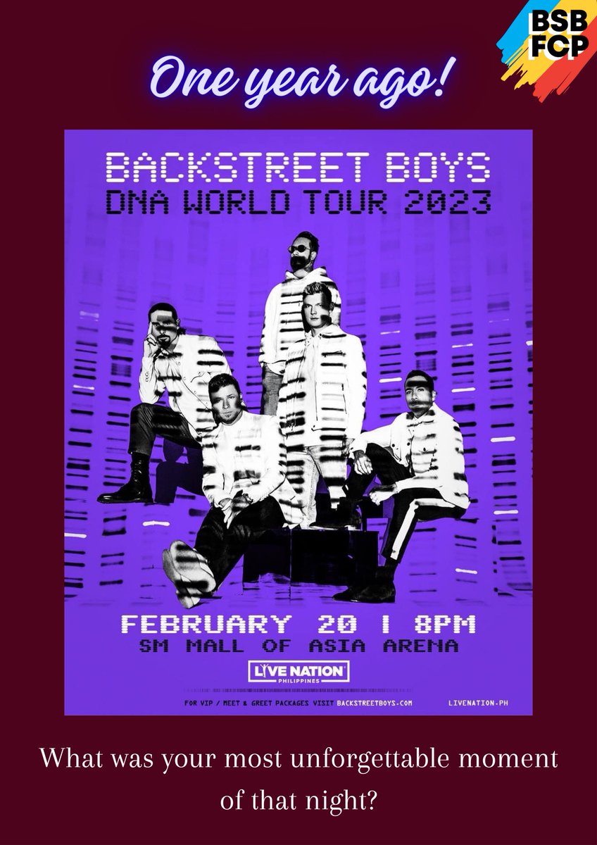 BSBFanClubPhils's tweet photo. It’s been a year since the @backstreetboys’ DNA Tour Manila 2023 edition! 💜
The setlist was indeed the same as the 2019 edition, but still not a show to miss for all Filo Backstreet Armies. 💜
#DNAWorldTour
#BackstreetBoys
#BSBFCP
#FiloBackstreetArmies https://t.co/cl9rtISatC