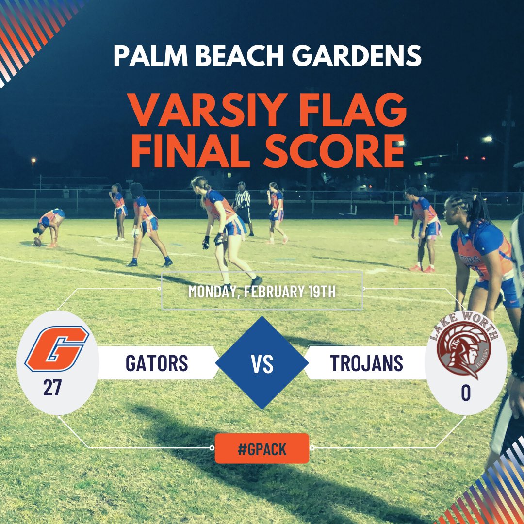 The Gators dominate at home defeating the Lake Worth Trojans 27-0. The Gators were led by a shut out defense and Myla Aligood’s 4 offensive TD’s! #GPack #Believe #NextPlay #FlagFootball