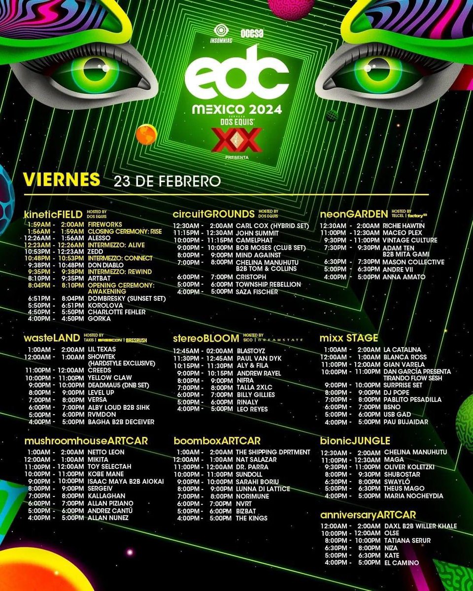 trinodj's tweet photo. Horarios por día para EDC México. Diez años bajo el cielo eléctrico ⚡️ 🦉 https://t.co/cdC1SuVzyy