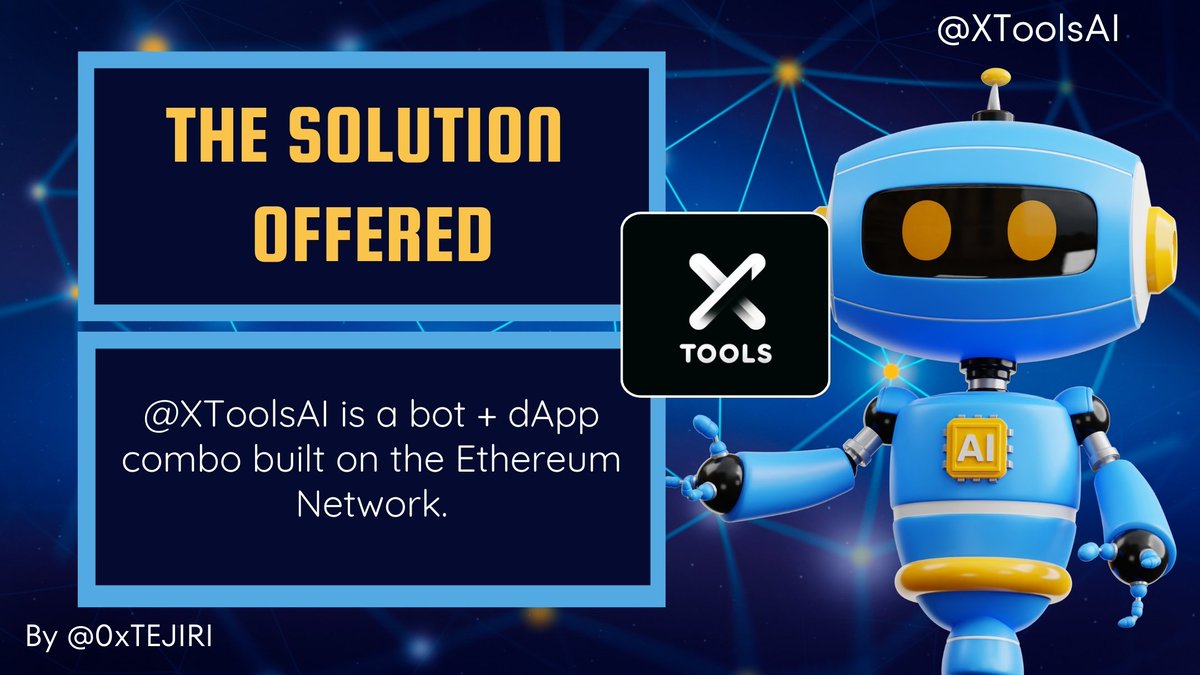 0xTEJIRI's tweet photo. THE SOLUTION IS - @XToolsAI

@XToolsAI is a bot + dApp combo built on the Ethereum Network.

This combo has the sole purpose of simplifying the research process for ETH traders.

Thousands of trades that'd take weeks to analyze is done by this combo in seconds.

#XToolsAi #ETH