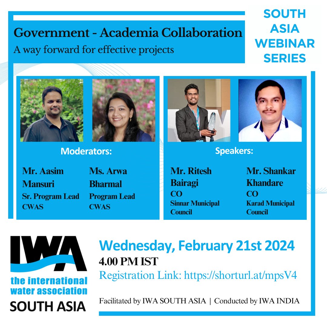 Join tomorrow's webinar organised by IWA South Asia on 'Government Academia Collaboration: A Way Forward For Effective Projects' Date: 21 Feb 2024 Time: 4.00 pm IST Link for Registration: ow.ly/5o8750QFsJO