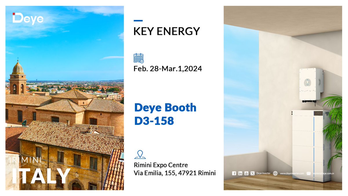 #Deye NEXT EXPO--KEY ENERGY 2024
Get ready for the benchmark renewable energy event in #Italy. 🌞Deye will be actively participating at #Booth D3-158, showcasing our ultimate BESS solution and wide range of PV solutions, tied to various needs. 🤝Plan your trip and see you there!
