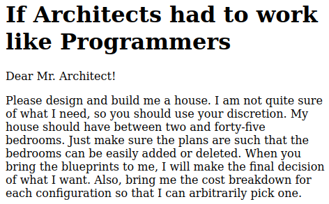 I often wonder why most modern software is so mindbogglingly complex, with multiple layers of abstraction stacked on each other.

This morning I bumped into this that I believe explains at least a relevant fraction of the reason.

gksoft.com/a/fun/architec…