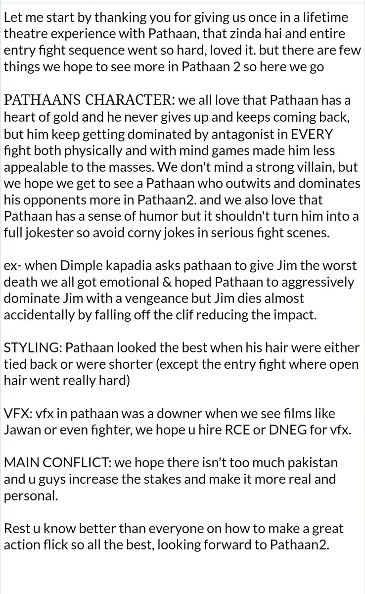 hmmbly's tweet photo. Hey @justSidAnand we fans wanted to share few things that we would like to see improve in Pathaan 2, hope u take them into account. All the best for Pathaan 2.

@rohan_m01 @yrf https://t.co/Uol66g1Mof