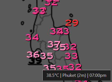 Heat wave  in Thailand ? Ko Samui has consistently been up to 10 degrees (!) cooler than Phuket since the end of Jan: 29C vs 38C on 13Feb, 30C vs 37C on 14Feb 29C vs 39C on 15Feb, 30C vs 37C on 16Feb, 30C vs 38C on Feb 17/18, 31C vs 37C on 19Feb. Source: meteologix.com