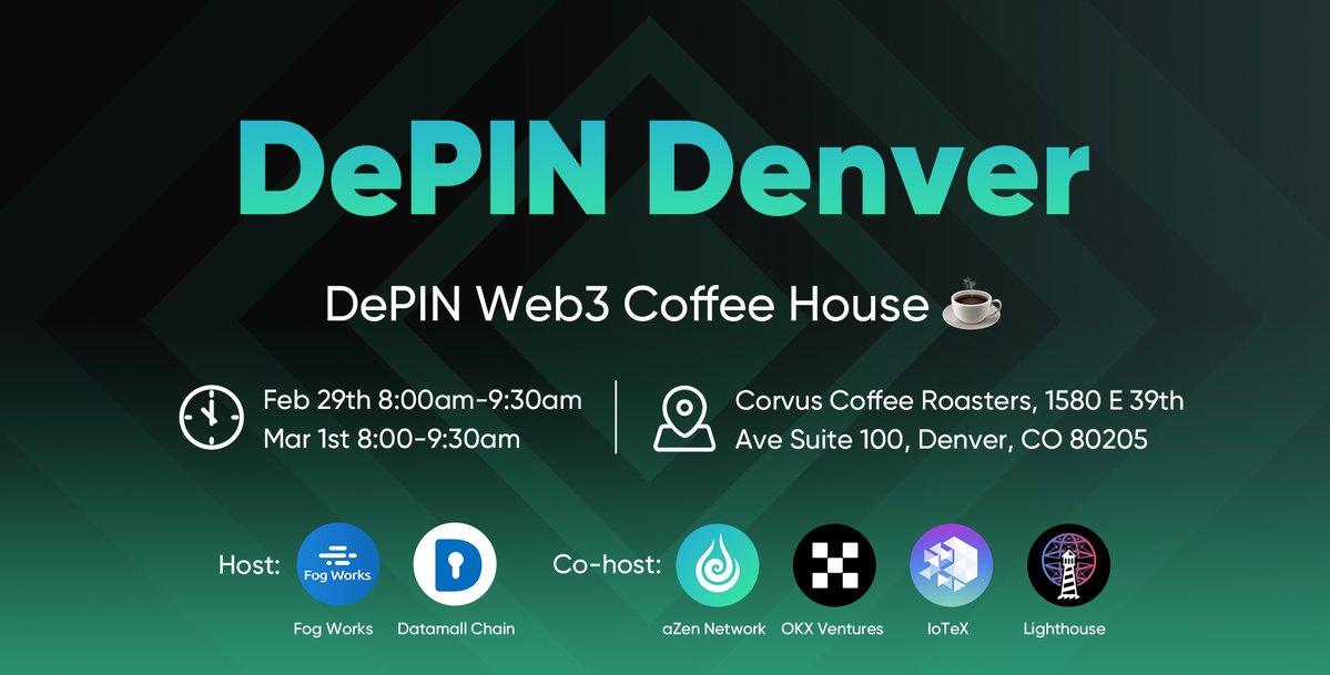 We are thrilled that aZen will be cohosting the DePIN Denver Web3 Coffee House with <a href="/fogworksinc/">Fog Works, Inc.</a> <a href="/datamallcoin/">DMC Foundation</a> <a href="/OKX_Ventures/">OKX Ventures</a> <a href="/iotex_io/">IoTeX</a> <a href="/LighthouseWeb3/">Lighthouse</a> 

🤝Join us for an enlightening DePIN Meetup and dive into the limitless possibilities of #DePIN and #Web3. 

🎟RSVP: