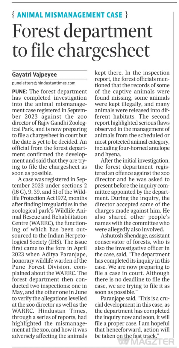 In the latest update, the forest department finished the inquiry into the animal mismanagement case, and the department is now preparing to file a charge sheet in court. @MahaForest @tusharchavanifs @MahaForest #Pune #Maharashtra hindustantimes.com/cities/pune-ne…