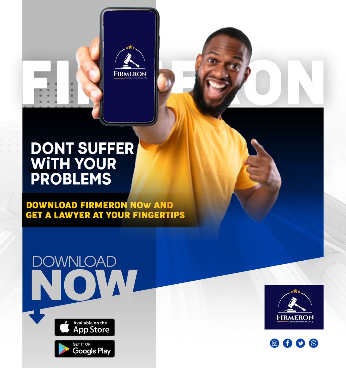 firmeron's tweet photo. Don’t suffer with your problems! Download Firmeron now and get a lawyer at your fingertips and convenience 👍 the app is available on both android and apple play store 😊 https://t.co/VupLSG1wPv
