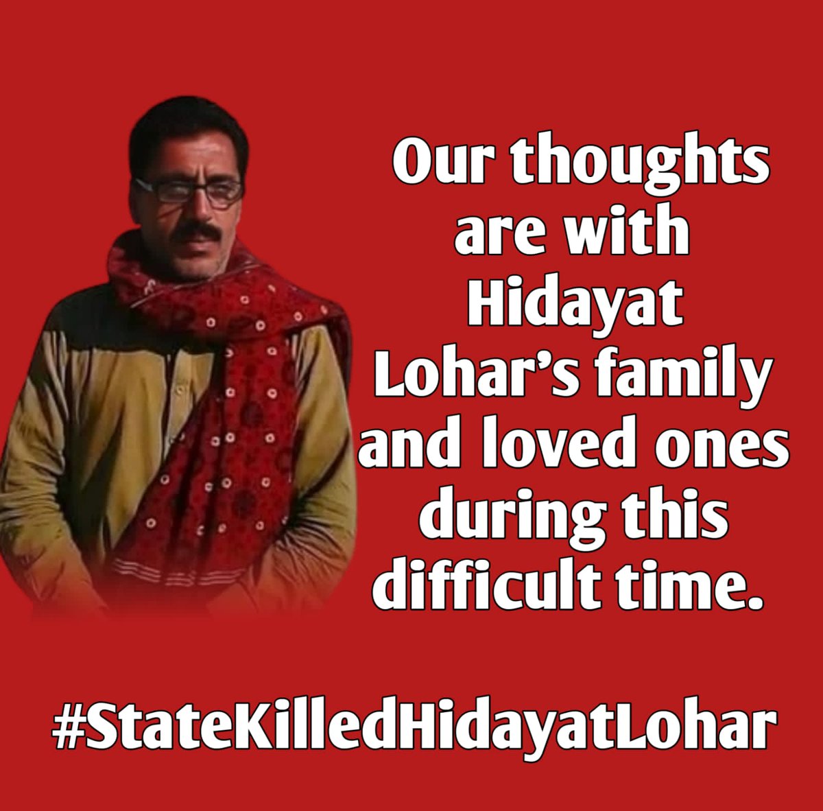 پاکستان کے ہاتھ ایک معصوم استاد کے خون سے رنگے ہوئے ہیں۔ ہم <a href="/UN/">United Nations</a> <a href="/HRC/">HRC</a> <a href="/amnesty/">Amnesty International</a> سے تحقیقات کرنے اور انہیں جوابدہ ٹھہرانے کی درخواست کرتے ہیں۔

 #StateKilledHidayatLohar