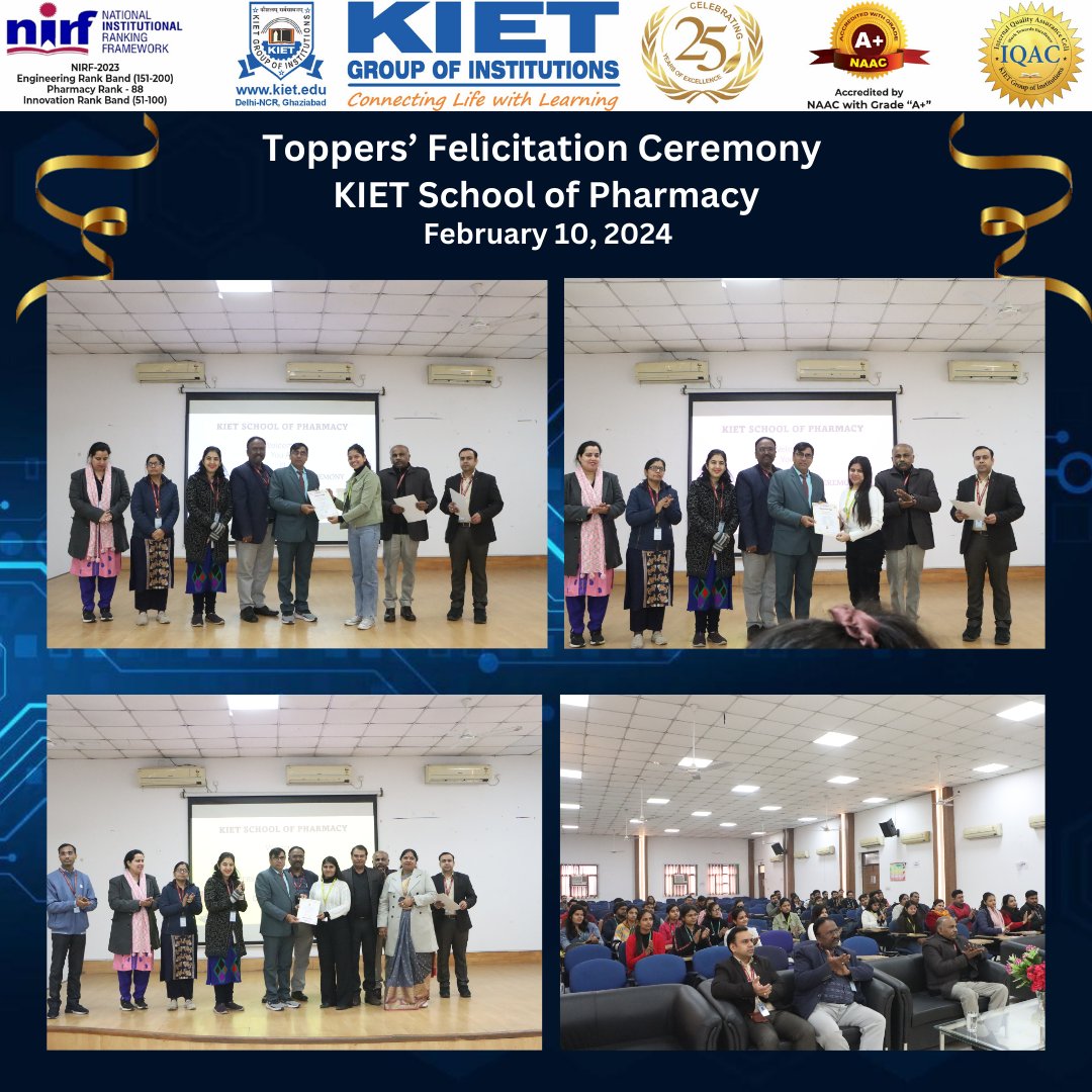 #KIET_School_of_Pharmacy organized a 'Toppers' Felicitation Ceremony' on February 10, 2024, to honor the academic achievers of D.Pharm, B.Pharm, and M.Pharm.

#kiet_group_of_institutions #KIETGZB #KIET #AKTU #AICTE #ToppersFelicitation #AcademicAchievers #DPharm #BPharm #MPharm