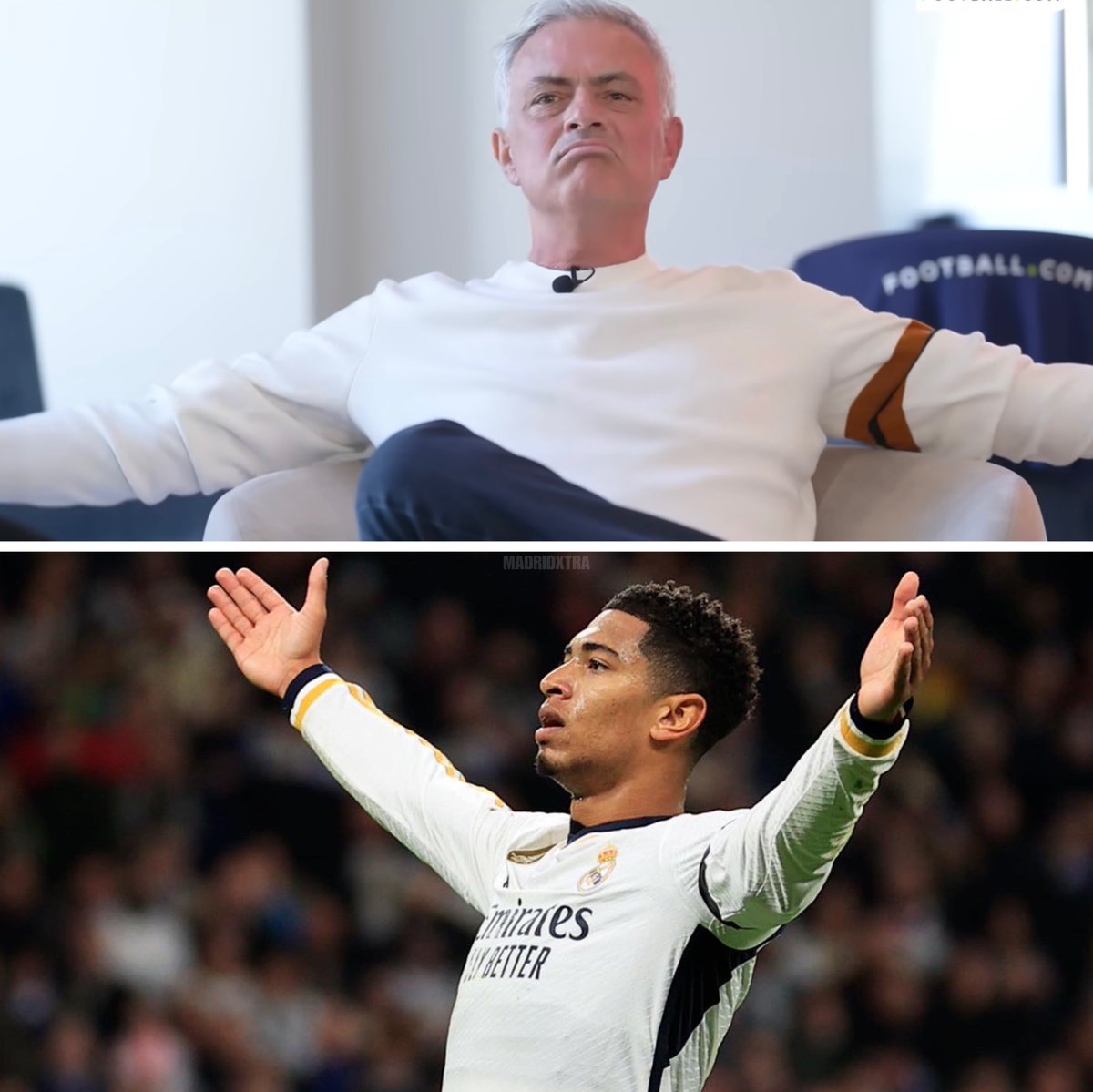 MadridXtra's tweet photo. 🗣 José Mourinho: "When Jude Bellingham scores and opens his arms to celebrate, it shows character. It's not arrogance, it's just 'here I am, I did it again.'" @FIVEUK https://t.co/cgBfoIyXHy