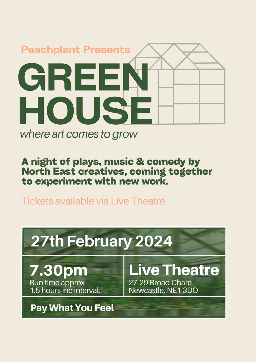 It’s one week today!⚡️ GREENHOUSE, with 18 NE creatives, 4 new short plays, 2 musicians & a comedy set at @LiveTheatre Seats are selling very fast so grab them quick. Tickets are pay what you can, all money goes to the artists involved. live.org.uk/whats-on/green…