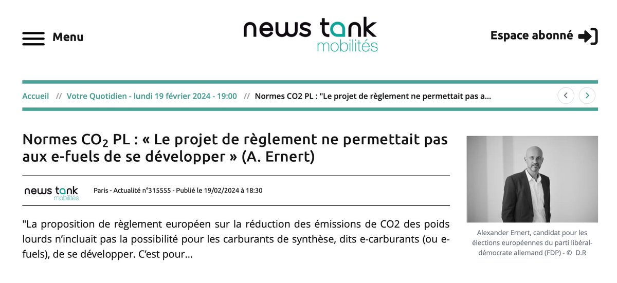 Remerciements à News Tank Mobilités pour l'interview sur le sujet important pour la partie liberale de l'Allemagne <a href="/fdp/">FDP</a>: converger la réduction #CO2 dans le secteur de #transportroutier avec l'ouverture à toutes nouvelles techniques d'entrainement pour les véhicules (#efules).