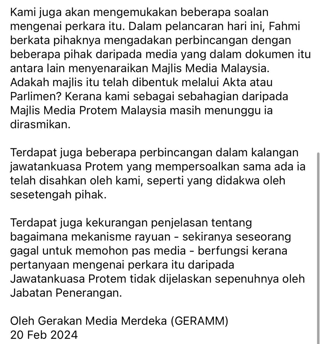 Kenyataan media berenaan Kod Etika Kewartawanan Malaysia