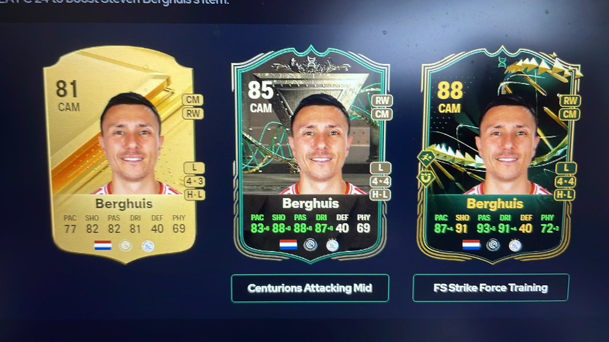 jasgast2's tweet photo. Any idea why my Berghuis Centurion mid gets almost no upgrade when put in the FS strike force training? #EAFC24 #FC24 #EVOLution https://t.co/S70WiBBIJq