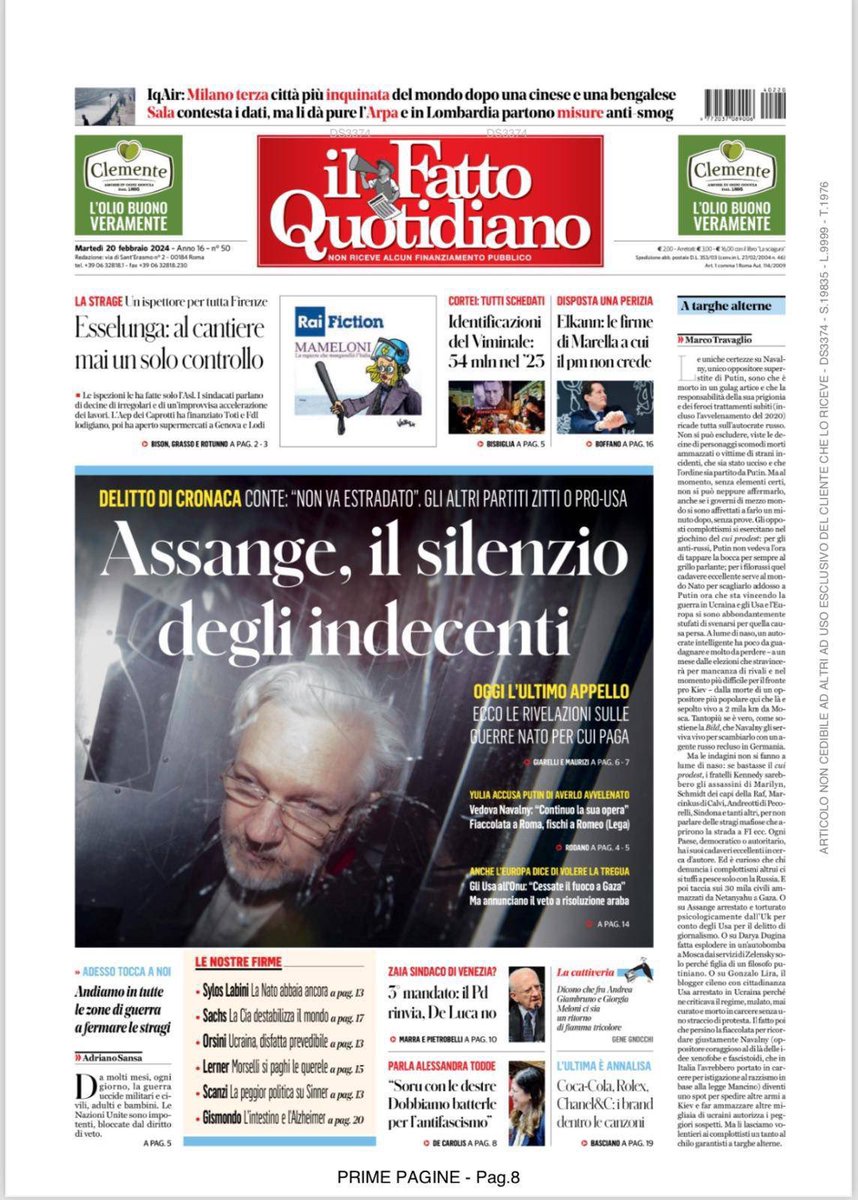 Assange, il silenzio degli indecenti. Front page of Italian national newspaper Il Fatto Quotidiano