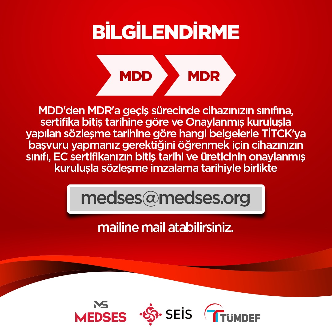 MDR'a geçiş sürecinde hangi belgelerle TİTCK'ya başvuru yapmanız gerektiğini öğrenmek için cihazınızın sınıfı, sertifikanızın bitiş tarihi ve üreticinin Onaylanmış kuruluşla sözleşme imzalama tarihiyle birlikte medses@medses.org adresine mail atabilirsiniz
<a href="/trseis/">SEİS</a>
<a href="/tumdef/">TÜMDEF</a>
<a href="/lemeoz/">Levent Mete Özgürbüz</a>