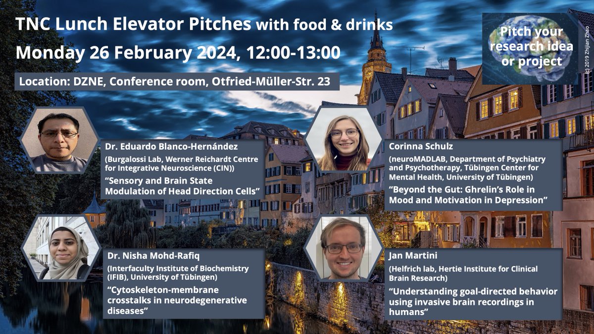 📢 Join us for the next #TNCElevatorPitches on Feb 26 at 12:00 in the @DZNE_de in Tübingen. 🎙️Great pitches by E. Blanco-Hernández @ABurgalossi, N. Mohd-Rafiq @nishamrafiq @uni_tue, Corinna Schulz @Cor_Et_Cerebrum @neuroMADLAB & Jan Martini @jan_weber_5 @HelfrichLab @HIHTuebingen