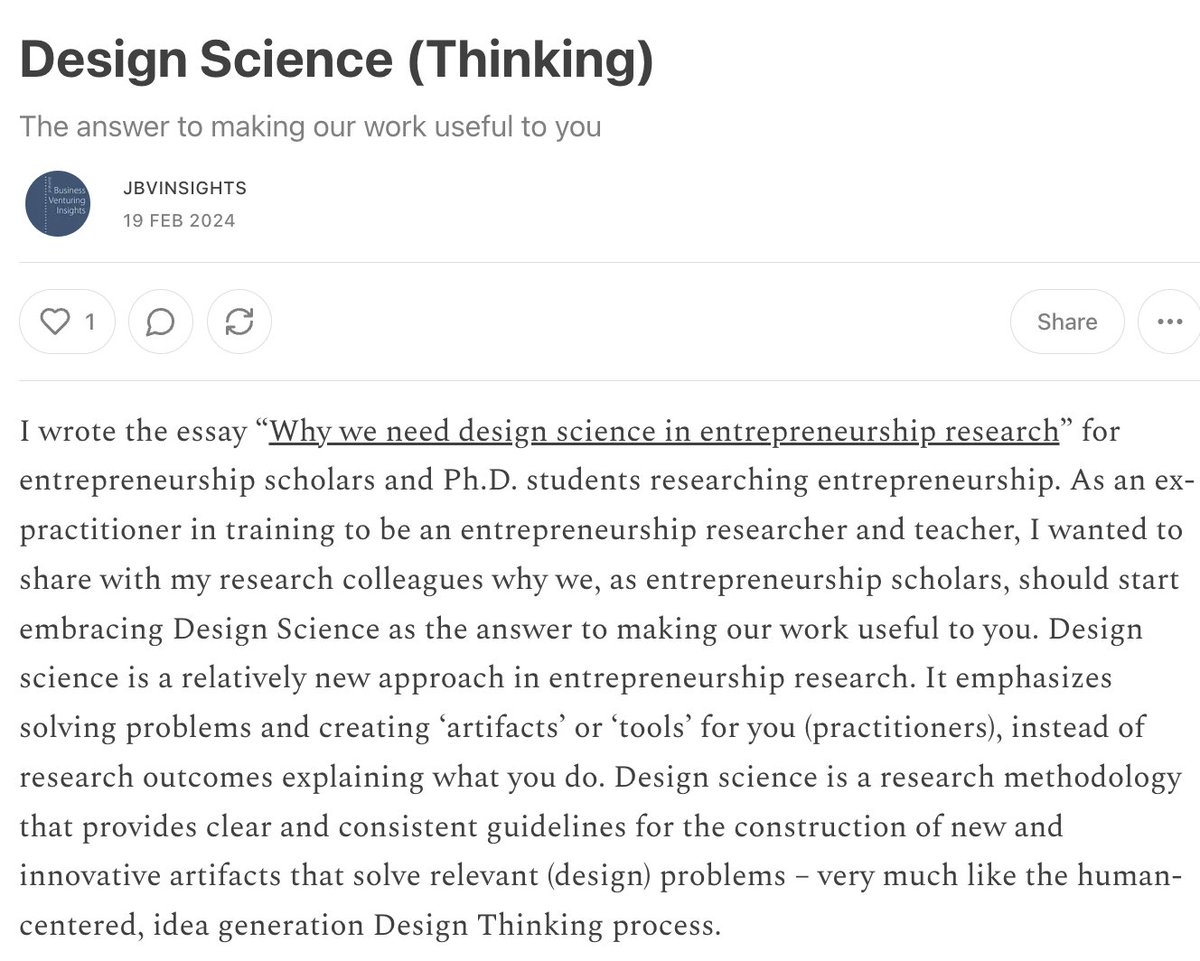 Latest on JBVI Substack: Design Science (Thinking) In this primer for practitioner, author Timothy Hor from @Uni_Newcastle discusses why #DesignScience is the answer for making #entrepreneurship research useful for practitioners. 🔗: jbvinsights.substack.com/p/design-scien…