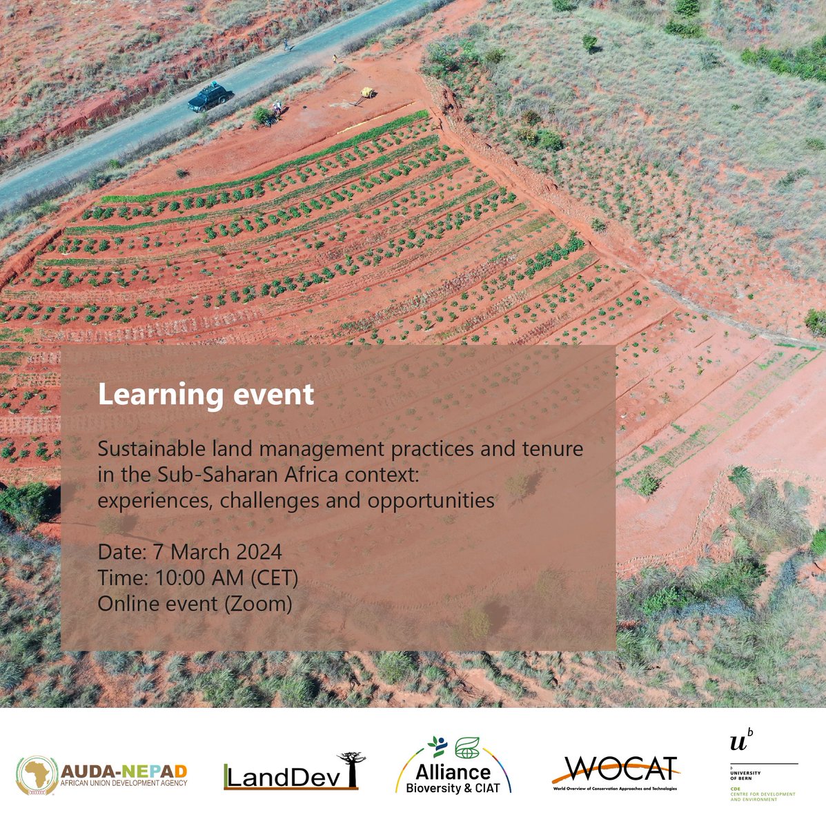 Join us together with several AfrioCAT partners for the webinar on 'sustainable land management practices and tenure in the Sub-Saharan Africa context'. 📅7 March 🕜10:00AM to 12:00PM (CET) 👉Register at bit.ly/3T4IrR8 @NEPAD_Agency @BiovIntCIAT_eng @CDEunibe #LLandDev