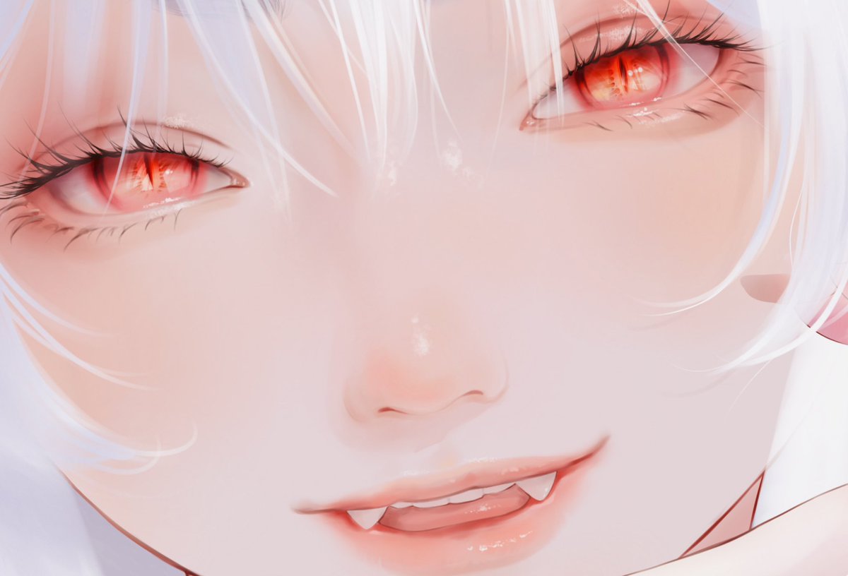 solo slit pupils 1girl close-up fangs red eyes white hair  illustration images