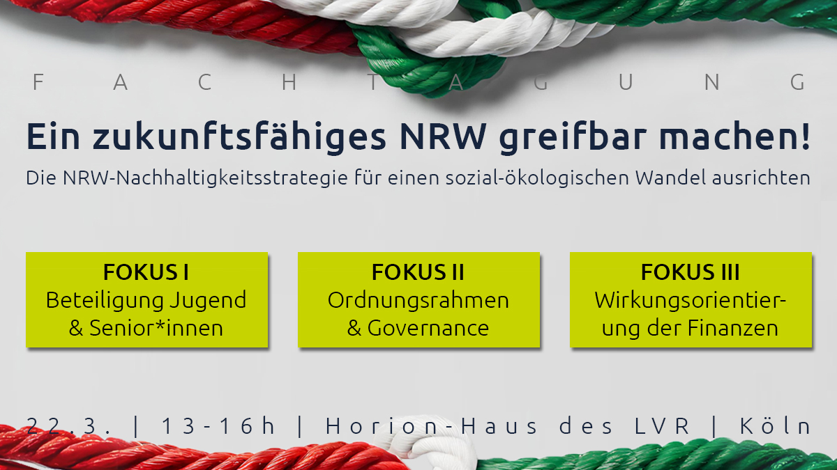 #Nachhaltigkeit in NRW greifbar machen - aber wie? Wir diskutieren am 22.3. in Köln darüber! Ansätze sind die #NRW-#Nachhaltigkeitsstrategie, der neue "Pact for the Future" der UN, nachhaltige Finanzen, Governance, Beteiligung uvm. Jetzt anmelden: lag21.de/termine/detail…