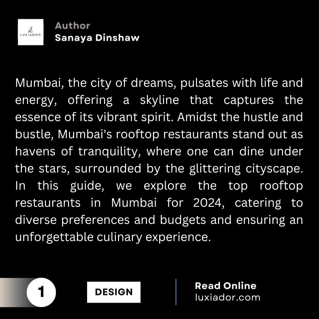 Feasting on the skyline of Mumbai from the city's top rooftop restaurants in 2024 🏙️✨  Click the link in our bio to discover more at buff.ly/3R2fYdR

#restaurantsinmumbai #mumbairestaurants #luxiador #mumbaikar #mumbaifoodblogger #mumbarealestate #mumbaiproperties #india