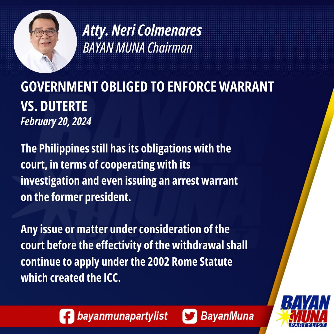 ON THE ICC CASE VS. DUTERTE: PH GOVERNMENT OBLIGED TO ENFORCE WARRANT
The Philippines still has its obligations with the court, in terms of cooperating with its investigation and even issuing an arrest warrant on the former president.
#ICC #StoptheKillings #ProsecuteDuterte
