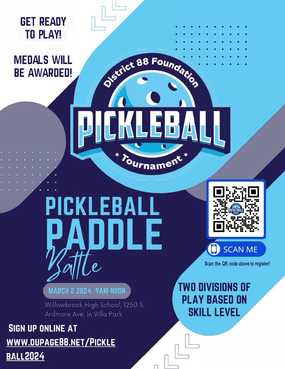 ¡Solo queda una semana para inscribirte en el torneo de pickleball Paddle Battle de la Fundación del Distrito 88! ¡Vea todos los detalles a dupage88.net/site/page/15969, y asegúrese de registrarse antes del 26 de febrero!