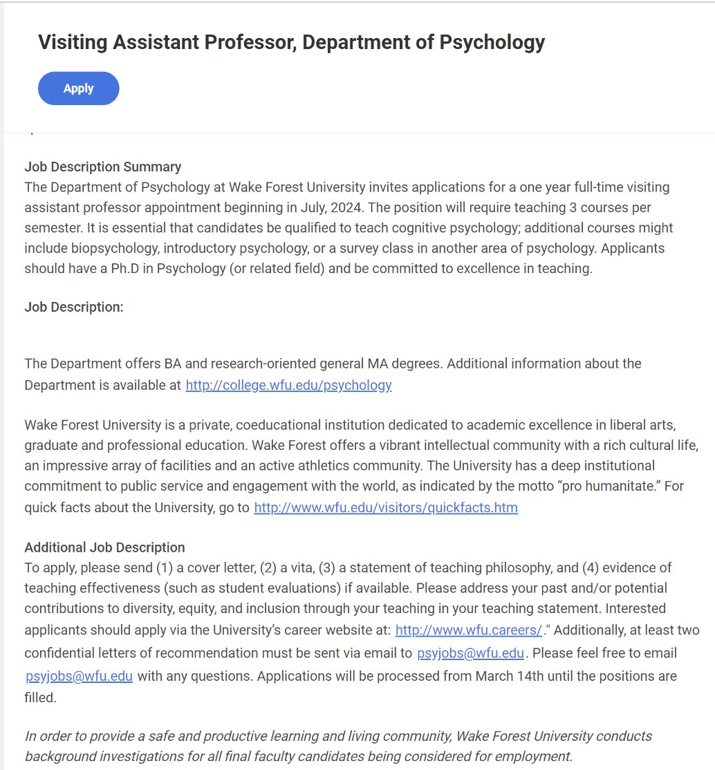 📣Exciting teaching opportunity! @WakeForest is hiring a Visiting Assistant Professor in Psychology, starting July 2024. Passionate about cognitive psychology (and a 3-3 teaching load)? Apply by March 14. Join us! #AcademicJobs @AcademicChatter wfu.wd1.myworkdayjobs.com/Faculty_Career…