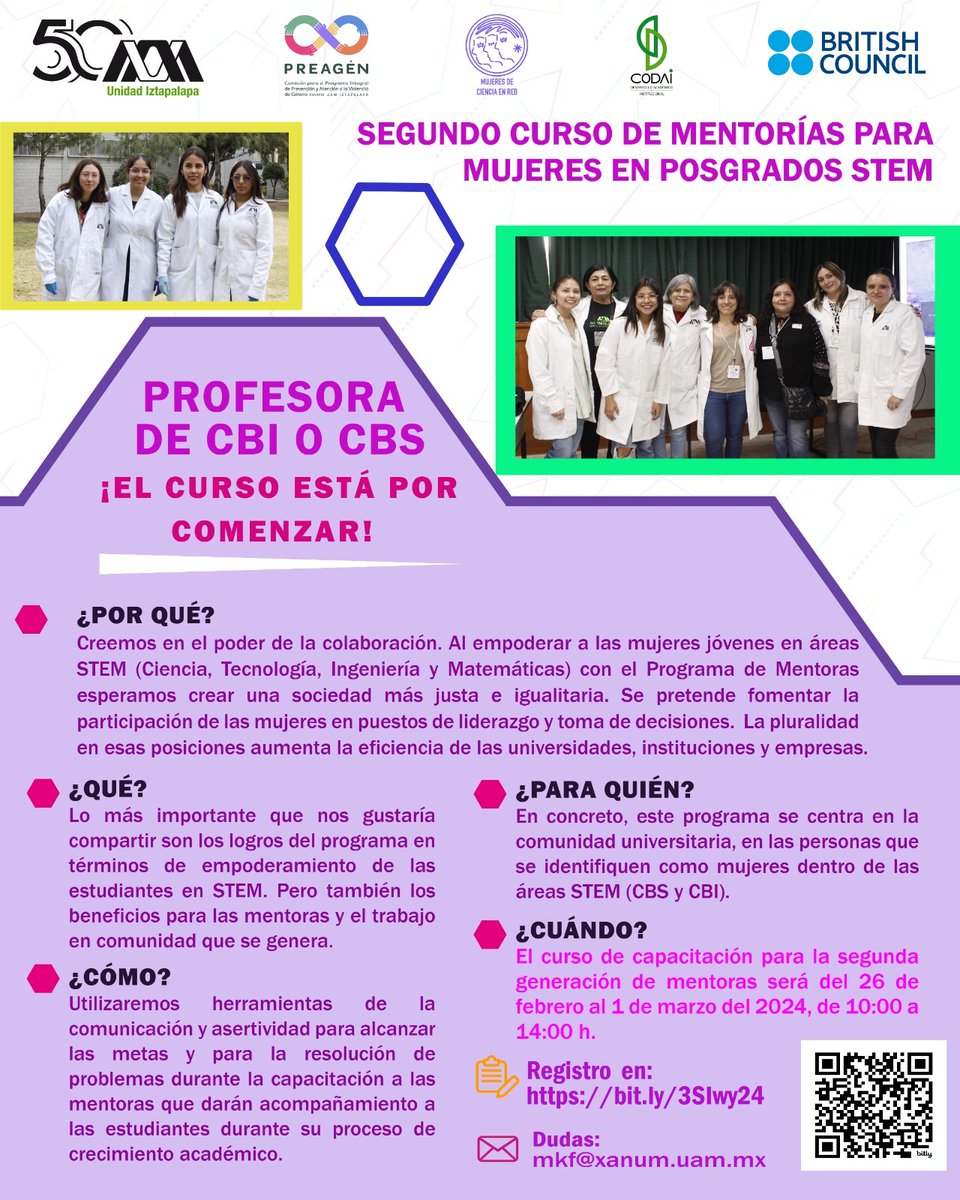 Profesora de CBI-CBS ¡regístrate ya!
El curso para la segunda generación de mentoras será del 26 de febrero al 1 de marzo, de 10 a 14 h.
Inscripción: bit.ly/3SIwy24
Dudas: mkf@xanum.uam.mx
<a href="/CodaiIztapalapa/">CODAI UAM IZTAPALAPA</a> <a href="/dcbiuami/">División de Ciencias Básicas e Ingeniería UAMI</a> @CBS_UAMIzt 
#MujeresSTEM #MentorasSTEM #MentoríasSTEM