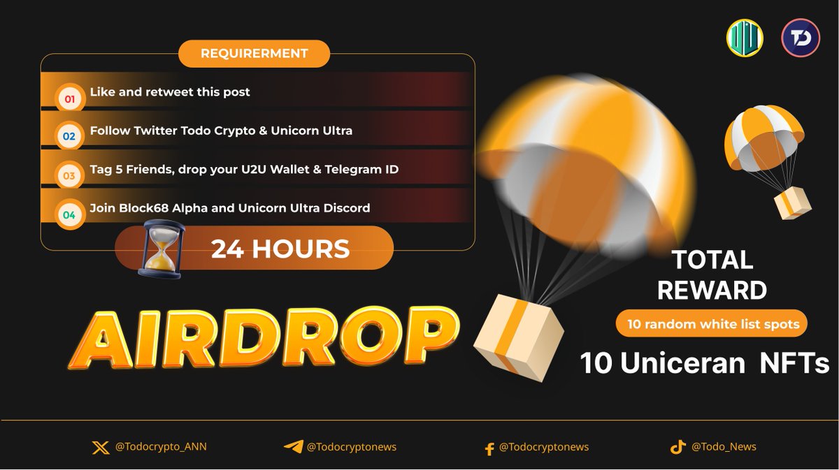 todocrypto_Ann's tweet photo. AIRDROP WHITE LIST NFT🎉

🎁Reward random:  10 'Uniceran' WL spots from @uniultra_xyz for lucky members

⚡️Requirements 
 - Retweet & Like this #post
 - Follow @todocrypto_Ann & @uniultra_xyz
 - Tag 5 friends, drop your U2U Wallet & Telegram ID
 - Join https://t.co/cwa46HoUFT & https://t.co/vffP8qynMk

⏰Time to participate 
 - From : 12:00 (UTC+7) Feb 20
 - To : 12:00 ( UTC+7) Feb 21
📌Prize announcement : 12:00 (UTC+7)  Feb 22