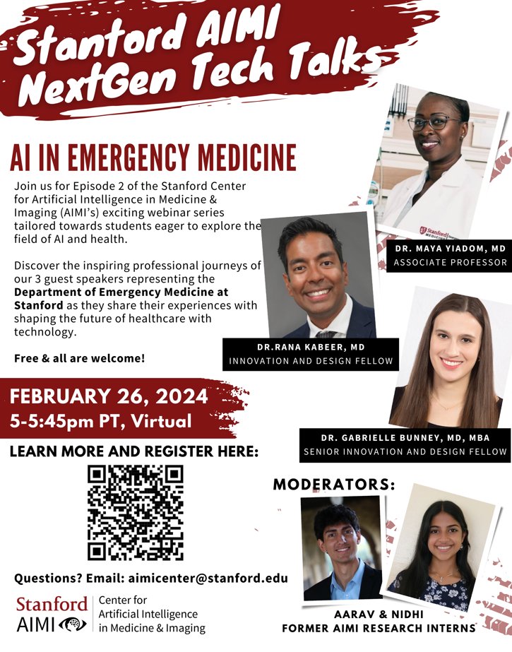 Have your high schoolers join me and 2 Health Care Design and Innovation Fellows in my lab (Rana Kabeer and Gabrielle Bunney) for this Nextgen Tech Talk sponsored by the Stanford Artificial Intelligence in Medical Imaging.