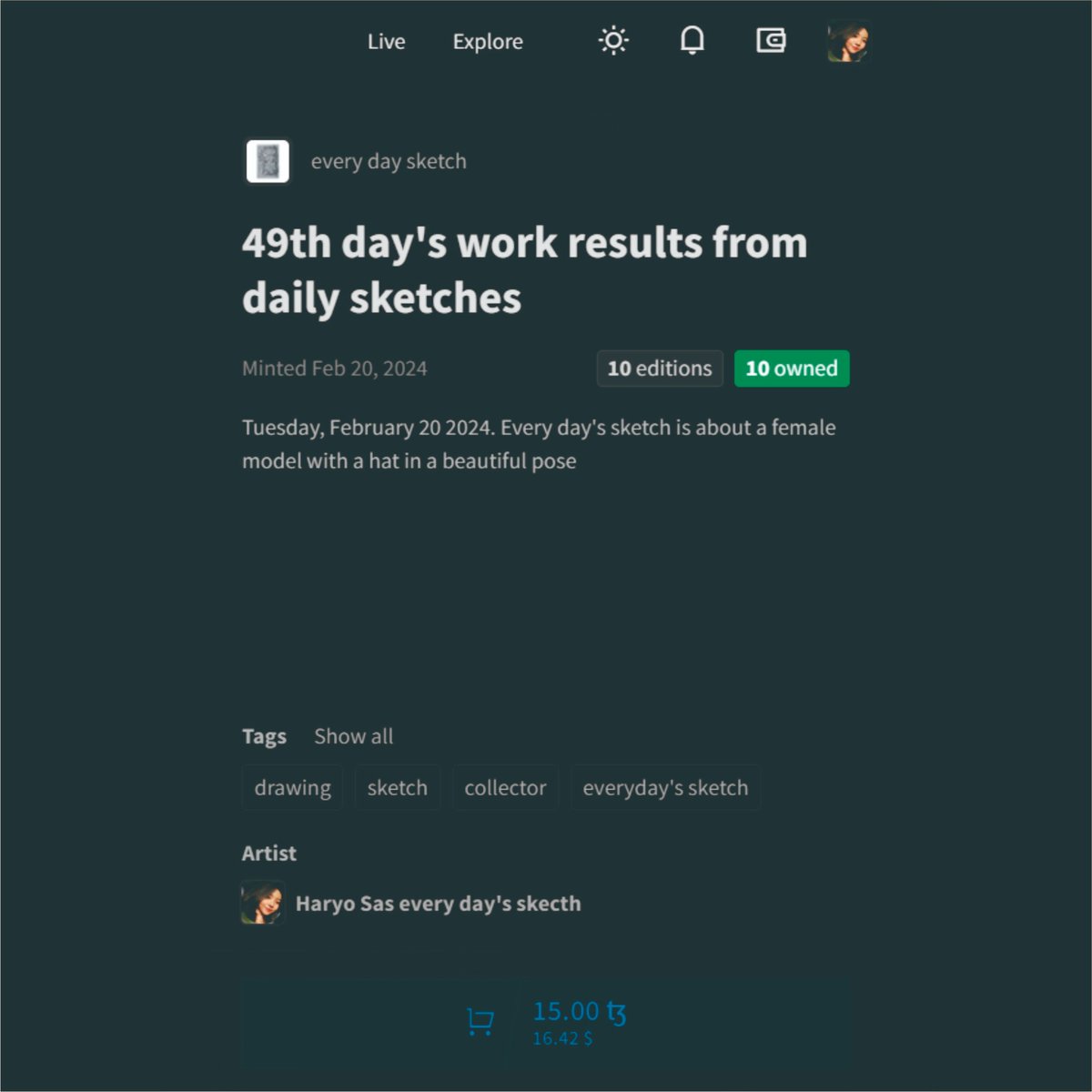 Hello guys, today's sketch every day has reached day 49 
Tuesday, February 20 2024. Every day's sketch is about a female model with a hat in a beautiful pose

objkt.com/tokens/KT1GtqP…