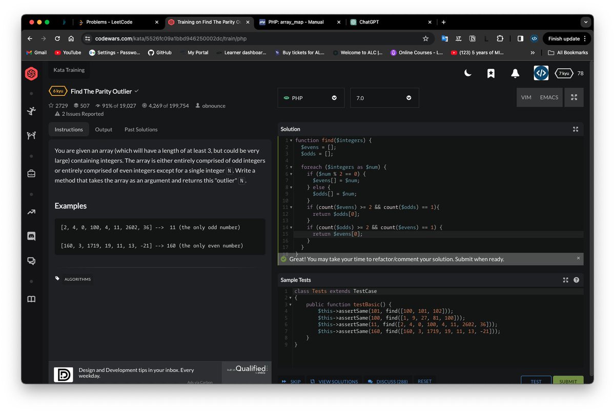 specialchar0's tweet photo. Hello twitter, yesterday I forgot to post it.

#Leetcode:
✅ 2. Add two numbers
✅ 121. Best Time to Buy and Sell Stock

#Codewars:
✅ Find The Parity Outlier
✅ Binary Addition
✅ Detect Pangram
✅ Replace With Alphabet Position

(I tried #Andela &amp; it was a disaster 😅)

#ALX_SE https://t.co/4elTqk4Syp