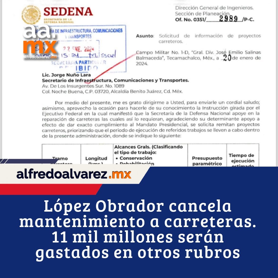 alfredoalvarez1's tweet photo. CONFIRMADO: Suspenden mantenimiento a carreteras en 2024. El ejército usará los 11 mil millones para otros rubros. https://t.co/gEpc4DHD4U