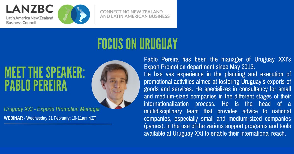 Tomorrow! Focus on Uruguay 10am NZT! Hear from Pablo Pereira, @UruguayXXI - Exports Promotion Manager. He'll explain what kind of services Uruguay XXI offers and opportunities for #Uruguay and #NZExporters to collaborate further. To register: nzte.zoom.us/webinar/regist… @uruaustralia