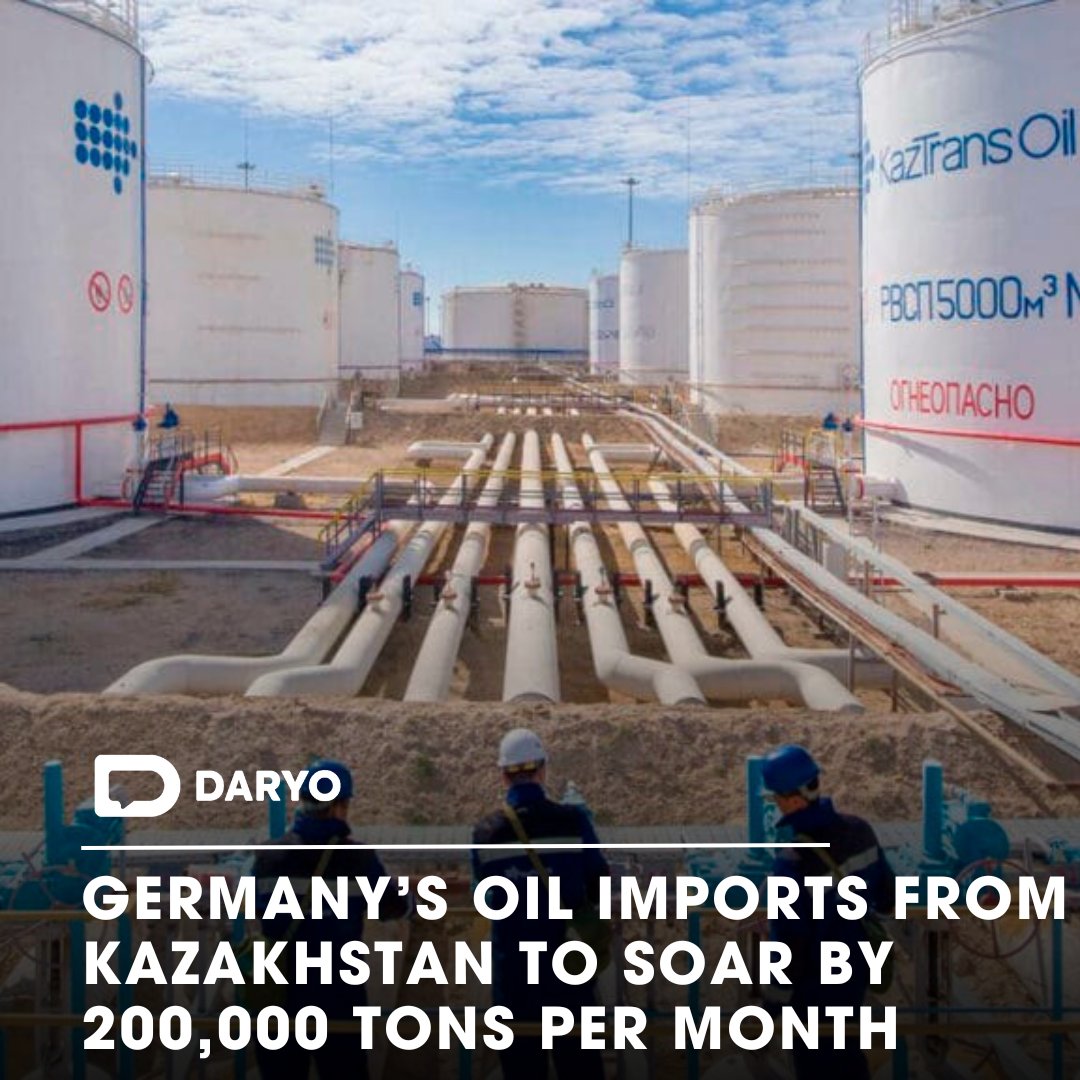 DaryoEng's tweet photo. #Germany’s #oil imports from #Kazakhstan to soar by 200,000 tons per month 

🇩🇪🤝🇰🇿 

In 2023, Kazakhstan exported 993,000 tons of oil to Germany. Last year, the #EuropeanUnion accounted for 46.6 mn tons or 66% of all Kazakhstani oil #exports, which totalled 70.5 mn tons. 

👉Details  — https://t.co/NiVEMV9baV 

@KTO_KZ  #EnergyBoom #GermanyOil #Import #Export #Energy #Security #KazakhstanExports #OilDiplomacy #EnergyCooperation #Partnership #DruzhbaPipeline #Trade #Business #Finance #SustainableEnergy #SDG #ESG #DaryoNews