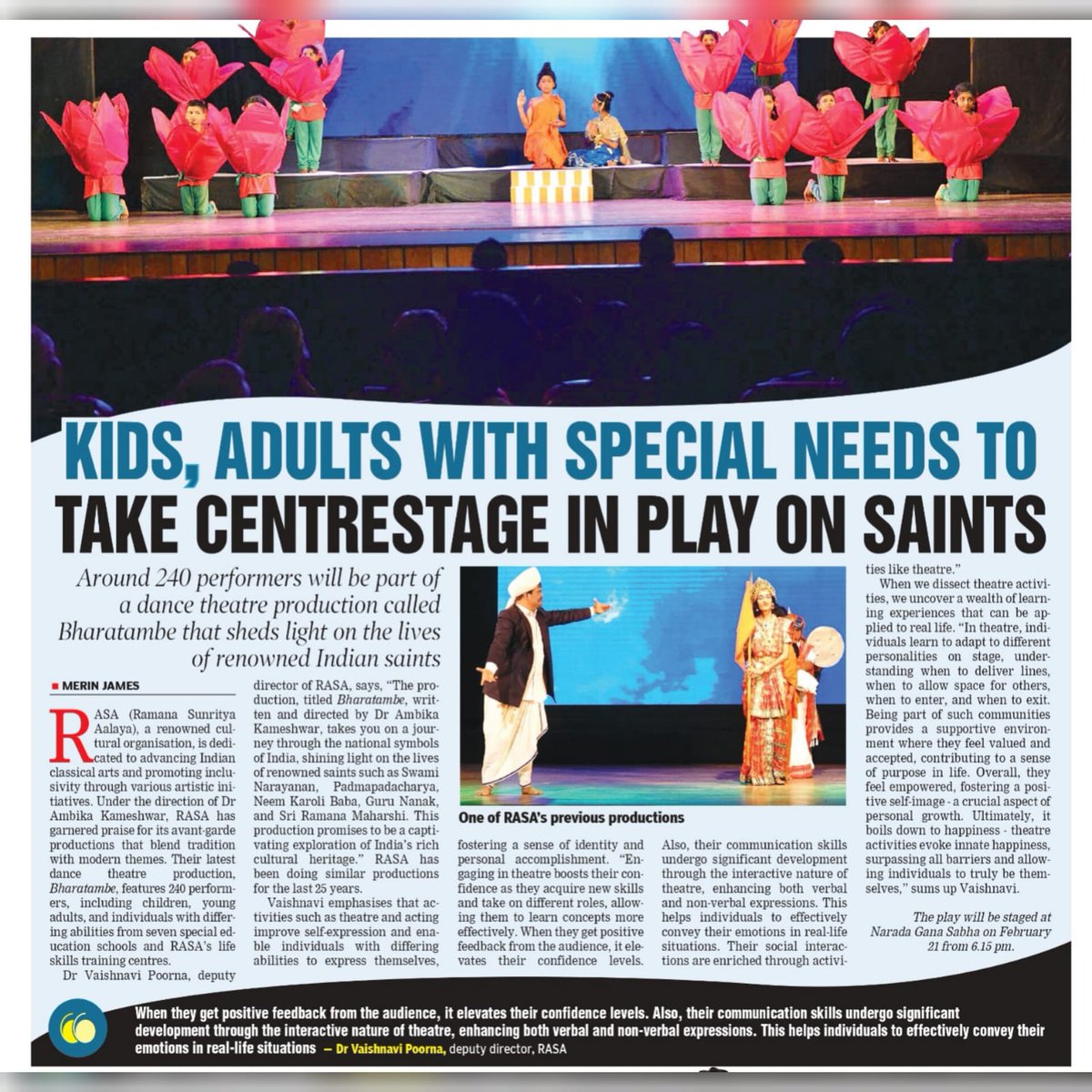 dt_next's tweet image. #RASA's latest dance production #Bharatambe features 240 performers including people with #differingabilities. Read how #theatreart enables people with differing abilities to express themselves &amp;amp; forms self identity. Only on #DTNext App!

🖊️@merinjames 

news.dtnext.in/dt-next