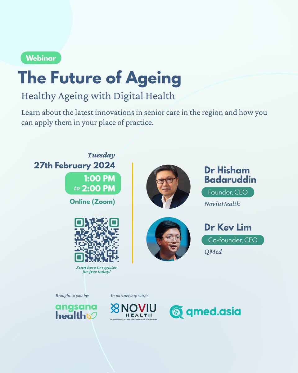AngsanaHealth's tweet photo. Join our Professional Webinar as we discuss the latest technologies used to bring elder care in to your homes.

Ideal for professionals and caretakers who are interested in understanding the frontiers of elder care.

Register now at https://t.co/C2Puny2I3O or scan the QR Code. https://t.co/DkQSZqAXL0