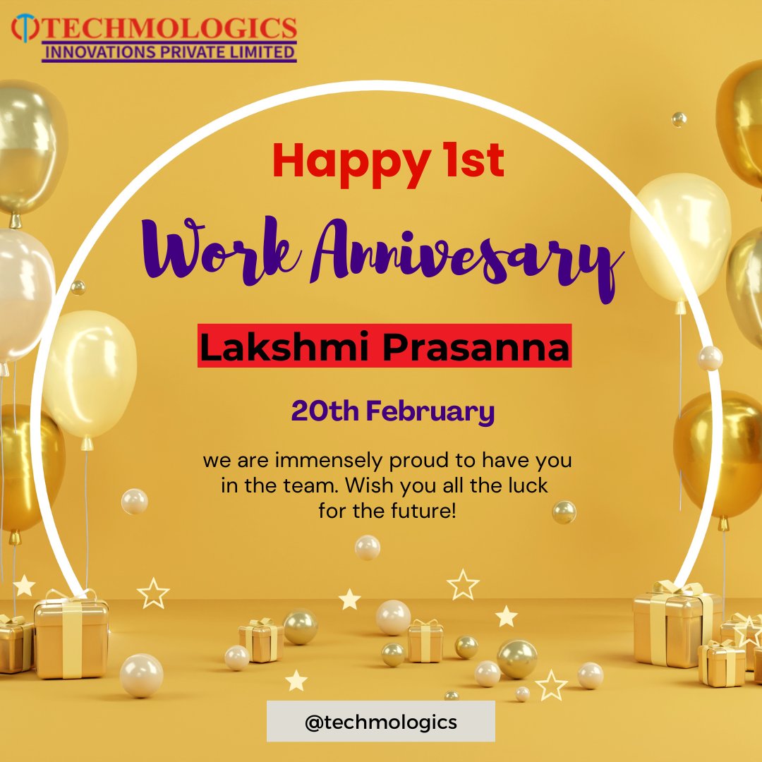 techmologicsinn's tweet image. Happy 1st Work Anniversary Lakshmi Prasanna from @techmologicsinn 🌟

#employeebirthday #embeddedengineer #happybirthday #teamcelebration #officefun #webapplicationdevelopment #techmologics #softwaredevelopmentcompany #itcompanyindia #february2024  #employeeappreciation