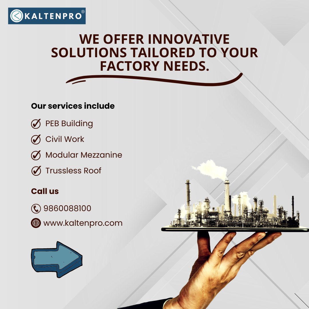 KaltenproIndia's tweet image. Revolutionize your factory with tailored solutions: PEB buildings, civil work, modular mezzanines, trussless roofs. Elevate efficiency and functionality with our innovative industrial infrastructure. 🏭🚀#IndustrialInnovation #EfficiencyElevated #FactoryRevolution