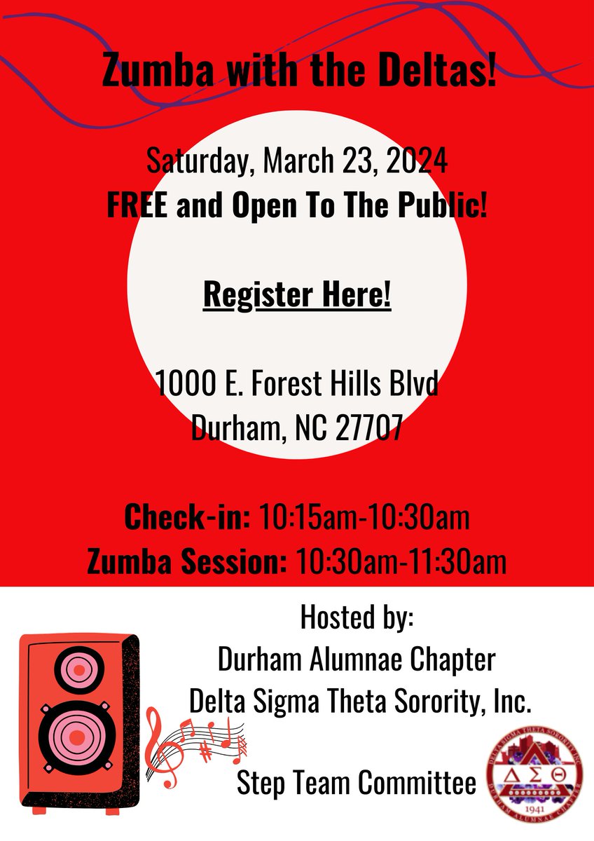 Zumba with Durham Alumnae Deltas Are you ready? FREE/OPEN 2D PUBLIC, Adults only (ages 18+) Registration is required &amp; will close at capacity, click forms.gle/dvbTmsFhJLSdr3… Bring water and wear comfortable attire! Can't wait to get active with you! email stepteam@durhamdst.org