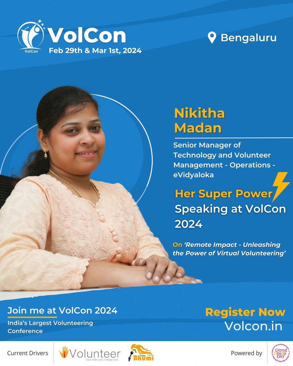 🎯 Meet our distinguished speaker - Nikitha Madan, Senior Manager of Technology & Volunteer Management - Operations at @evidyaloka at #VolCon2024!

📍 Mark your calendars for Feb 29 & March 1, 2024 for VolCon in Bengaluru, India.

🔗 Secure your spot at volcon.in