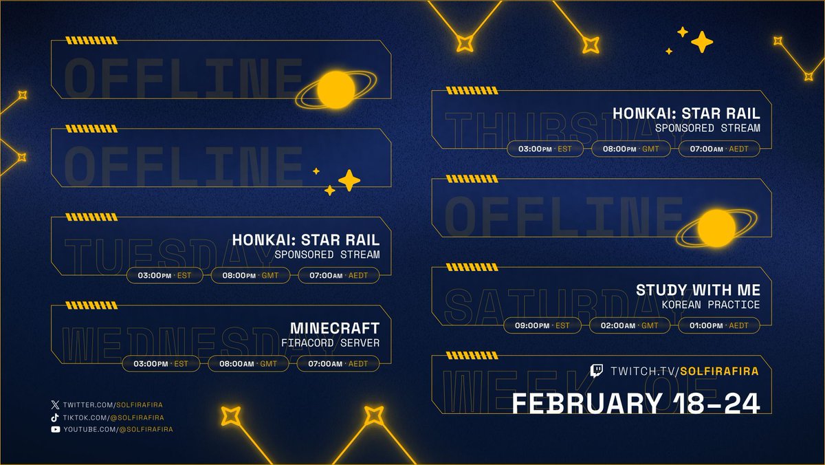 solfirafira's tweet photo. 【 STREAM SCHEDULE 】 #firaLIVE
Been a while since I've done a sponsored stream but since I've picked back up HSR, seemed like a good time as any to take it on! So feel free to come and support if you can~ https://t.co/CzoDcAy6Jc