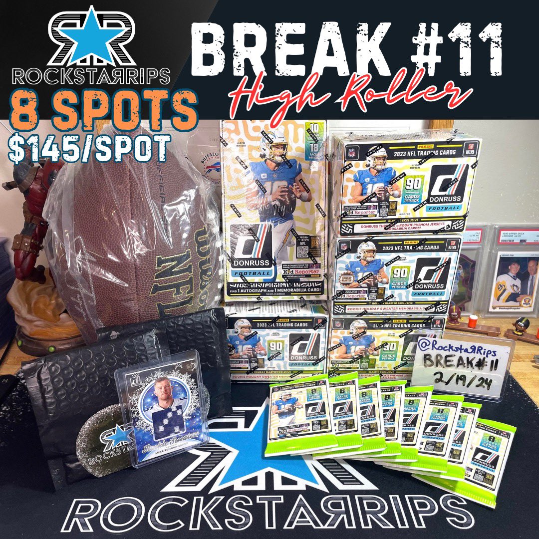 RockstaRRips's tweet photo. 🔔OPEN🔔 $145/Spot = 4 Teams
🤘🏼Rockstar Rips⭐️BREAK #11⭐️
‼️BREAK SCHEDULED ONCE FULL‼️
💸🏈HIGH ROLLER ‘23(Snake Draft) 8 SPOTS🏈💸
Included in Break:
•(1) ‘23 Panini Donruss Hobby Box
•(2) ‘23 Panini Donruss HOLIDAY Blasters
•(2) ‘23 Panini Donruss Blasters
•(8) ‘23 Panini Donruss Retail Packs
•(2) MYSTERY CARDS
•(1) 🦆Autographed HOFer Football🦆
•(1) 🦆Luke Schoonmaker Sweater Card🦆
🚨Rules🚨
Pick your spot(pick a number between 1-8)
We will be doing a draft to get our teams for the break. (Names will be randomized by Duck🦆Race for the Draft Order.)
Each Spot will get 4 teams in the Draft/Break.
You are allowed to trade teams!
I will open all the packs, whatever player cards come out will go to their respective NFL team on the card. Then I will open the Mystery Cards. Same above rules apply.
🚨HOF Autograph Football and Patch Card will be randomized by 🦆Race at the end of Break🚨
💰$145 Buy in (PAY⭐️TO CLAIM!)💰
📪Shipping Included📪
Paypal: jchase621@gmail.com
Venmo: @JCMoneyDesign
CashApp: $JChase621